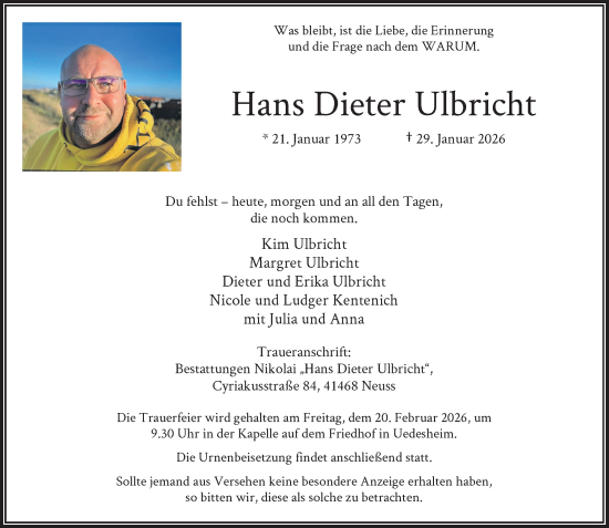 Traueranzeige von Hans Dieter Ulbricht von Rheinische Post