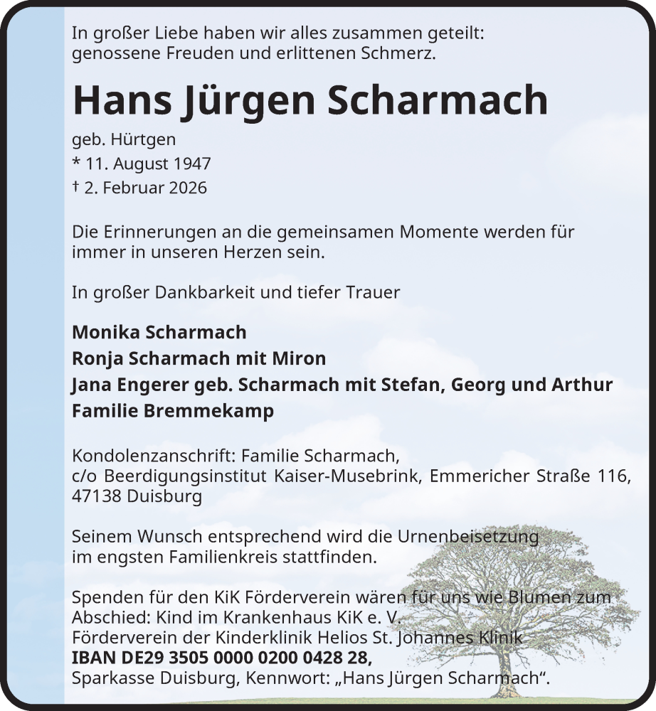  Traueranzeige für Hans Jürgen Scharmach vom 07.02.2026 aus Rheinische Post