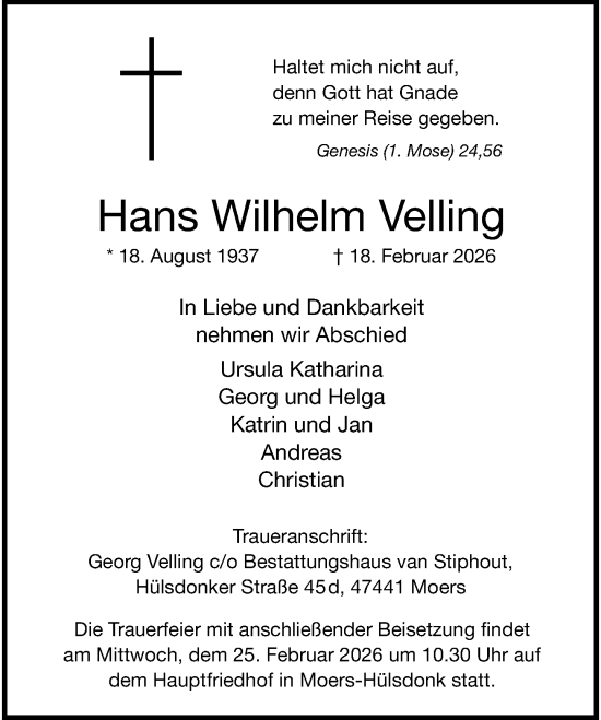 Traueranzeige von Hans Wilhelm Velling von Rheinische Post
