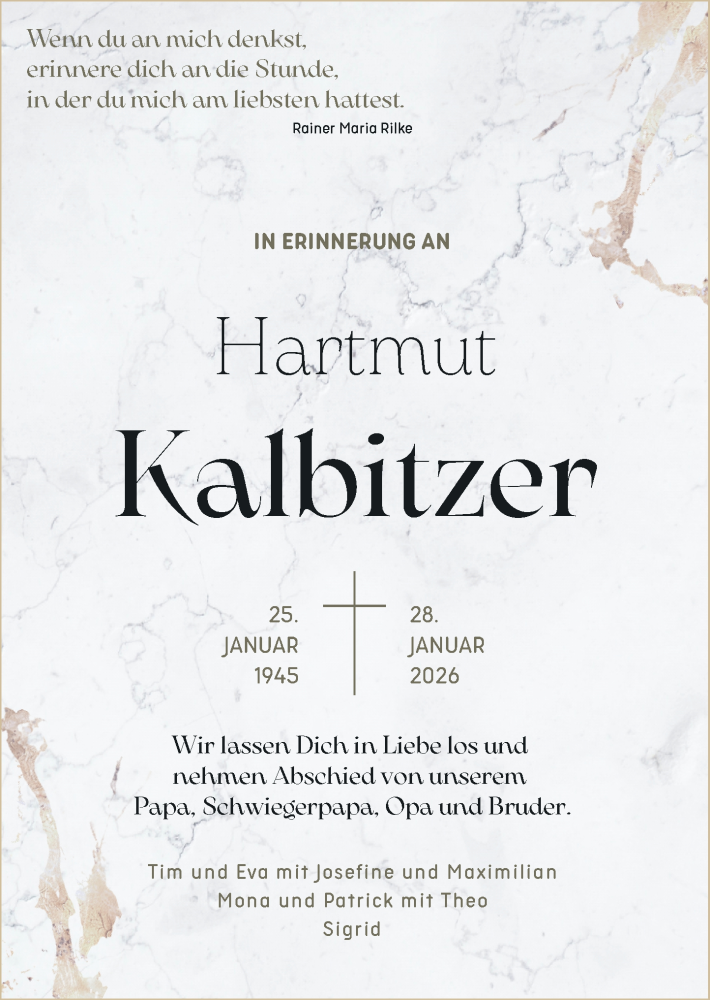  Traueranzeige für Hartmut Kalbitzer vom 20.02.2026 aus Rheinische Post