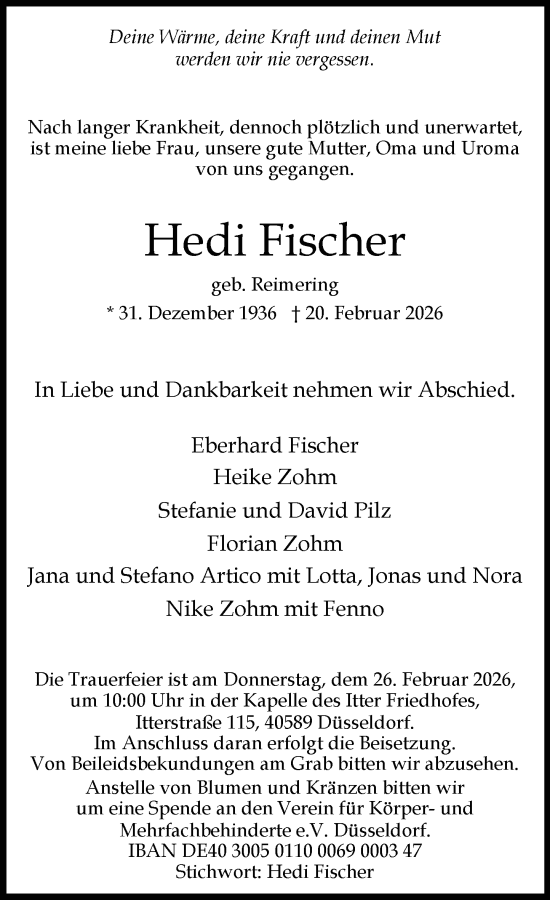 Traueranzeige von Hedi Fischer von Rheinische Post