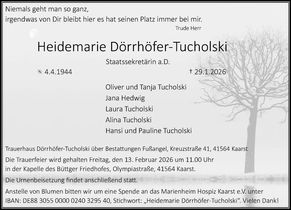  Traueranzeige für Heidemarie Dörrhöfer-Tucholski vom 07.02.2026 aus Rheinische Post
