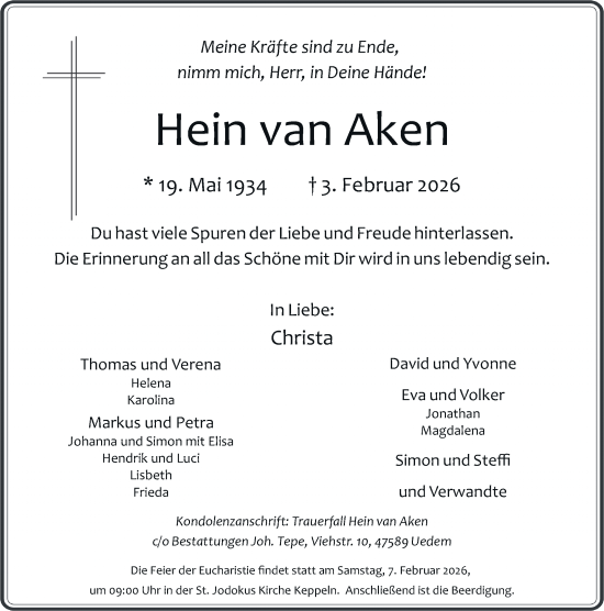 Traueranzeige von Hein van Aken von Rheinische Post