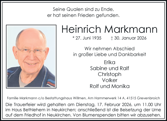 Traueranzeige von Heinrich Markmann von Rheinische Post