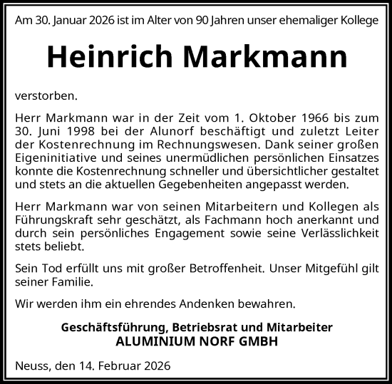 Traueranzeige von Heinrich Markmann von Rheinische Post