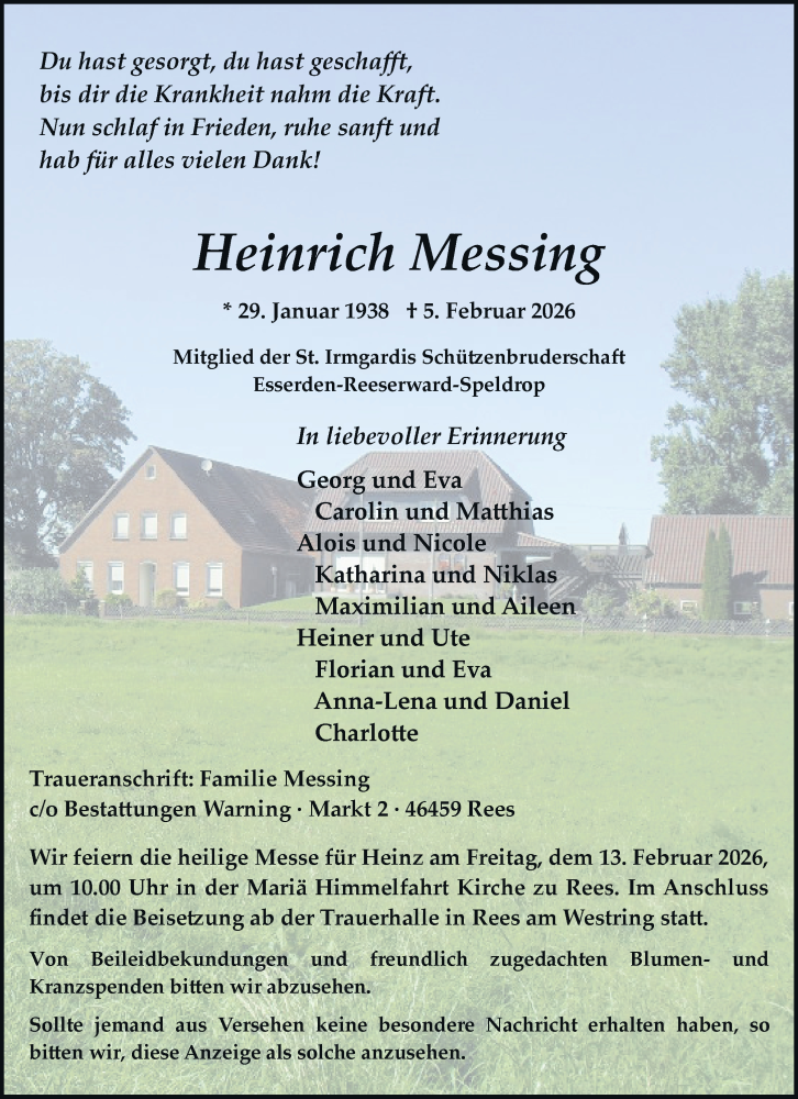  Traueranzeige für Heinrich Messing vom 07.02.2026 aus Rheinische Post