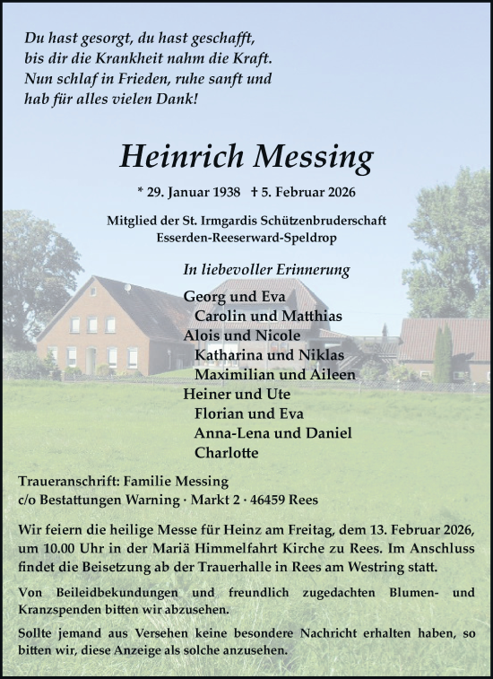 Traueranzeige von Heinrich Messing von Rheinische Post