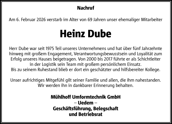 Traueranzeige von Heinz Dube von Rheinische Post