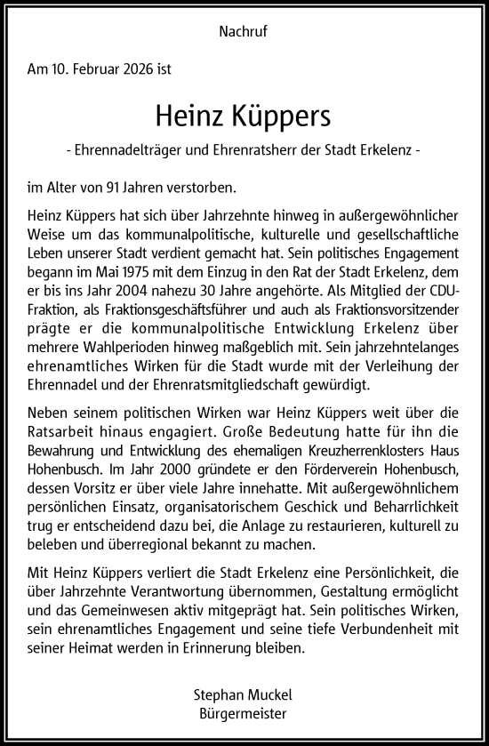 Traueranzeige von Heinz Küppers von Rheinische Post
