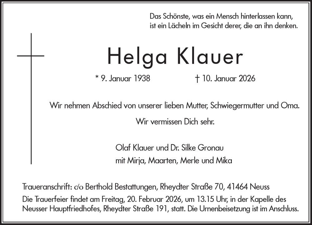  Traueranzeige für Helga Klauer vom 14.02.2026 aus Rheinische Post
