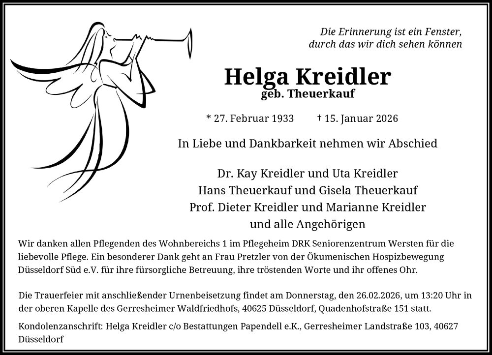  Traueranzeige für Helga Kreidler vom 21.02.2026 aus Rheinische Post