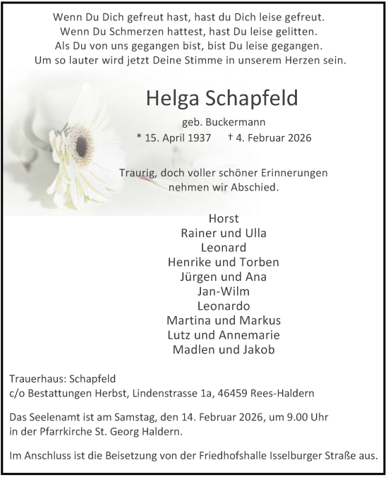 Traueranzeige von Helga Schapfeld von Rheinische Post