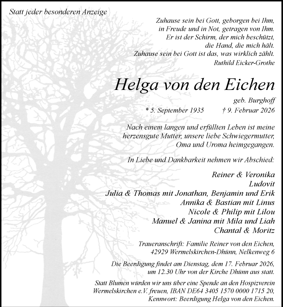  Traueranzeige für Helga von den Eichen vom 14.02.2026 aus Rheinische Post