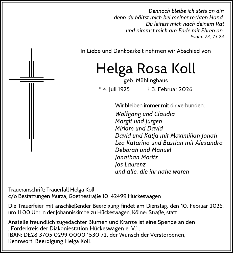  Traueranzeige für Helga Rosa Koll vom 07.02.2026 aus Rheinische Post