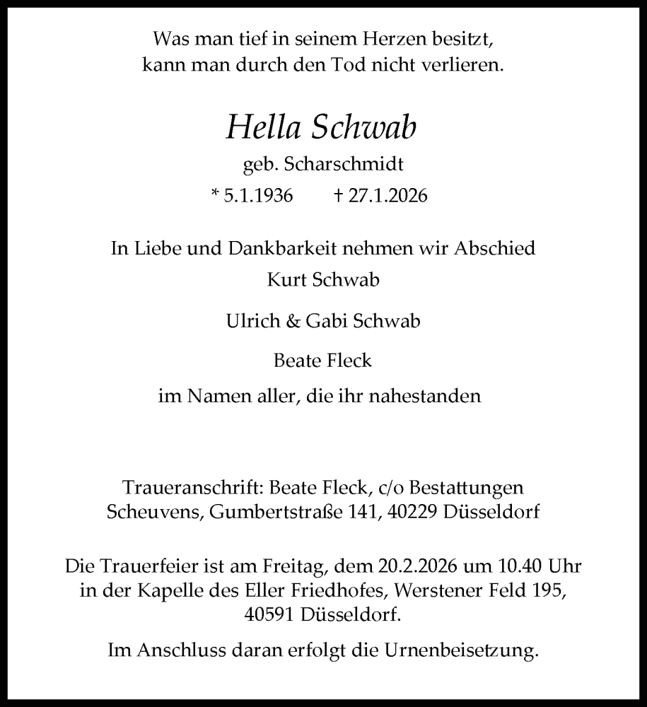  Traueranzeige für Hella Schwab vom 14.02.2026 aus Rheinische Post