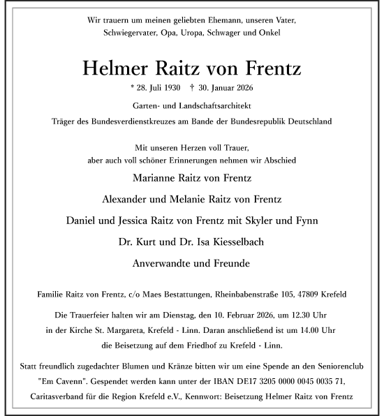 Traueranzeige von Helmer Raitz von Frentz von Rheinische Post