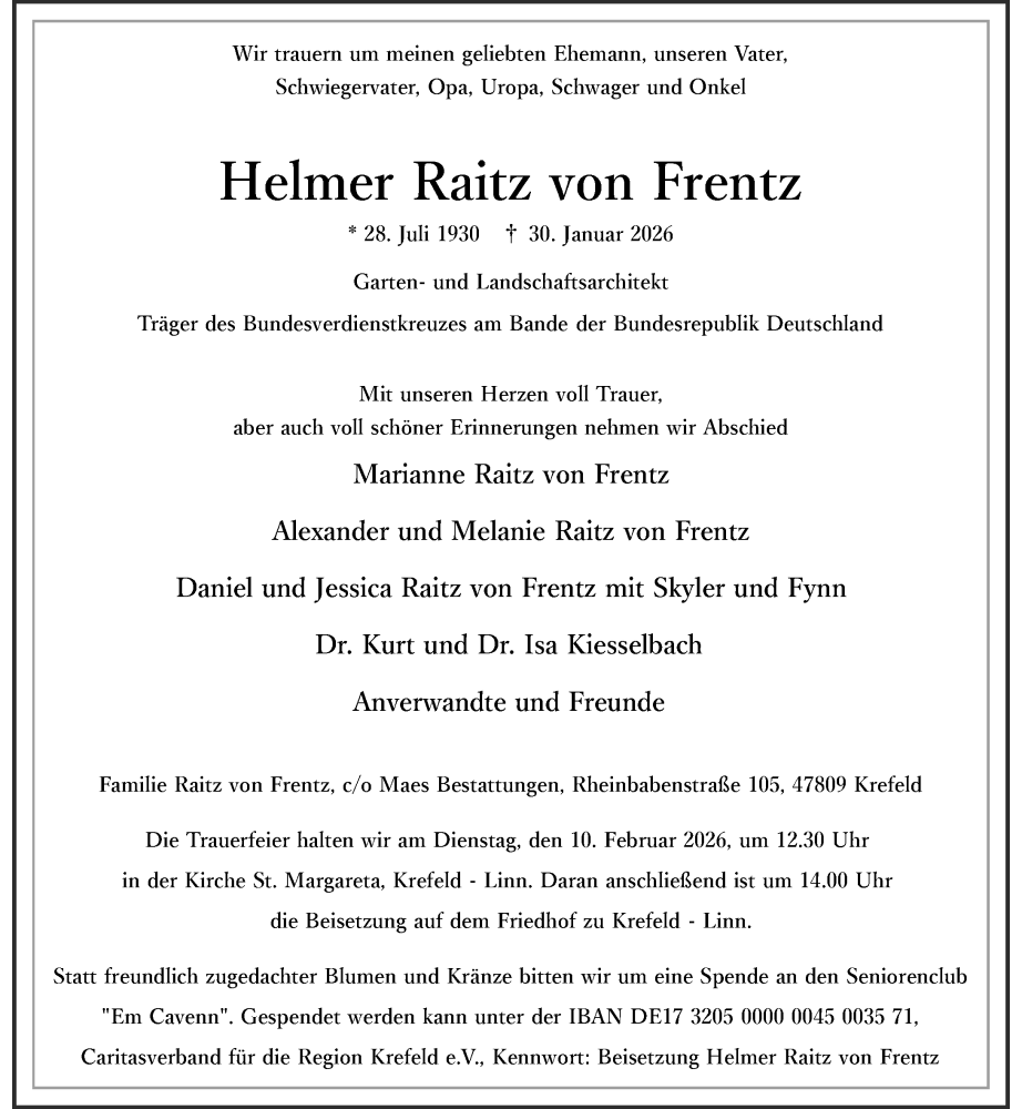  Traueranzeige für Helmer Raitz von Frentz vom 07.02.2026 aus Rheinische Post