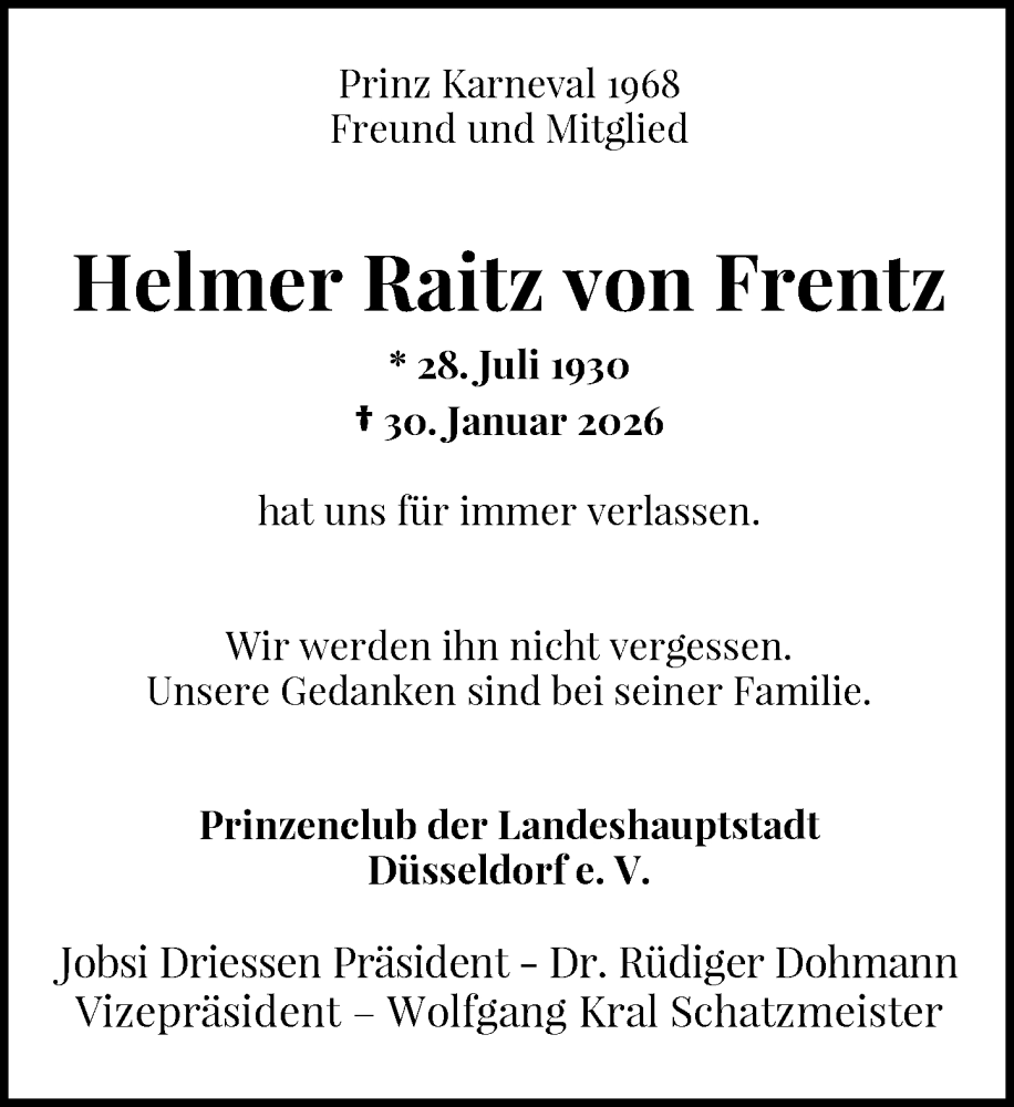  Traueranzeige für Helmer Raitz von Frentz vom 07.02.2026 aus Rheinische Post