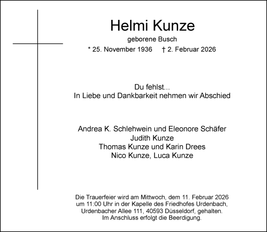 Traueranzeige von Helmi Kunze von Rheinische Post