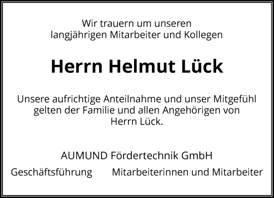 Traueranzeige von Helmut Lück von Rheinische Post