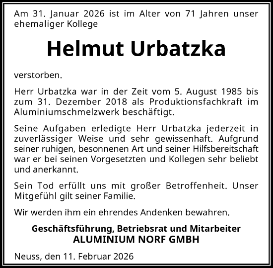Traueranzeige von Helmut Urbatzka von Rheinische Post