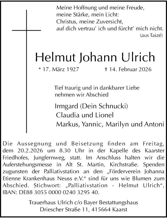 Traueranzeige von Helmut Johann Ulrich von Rheinische Post