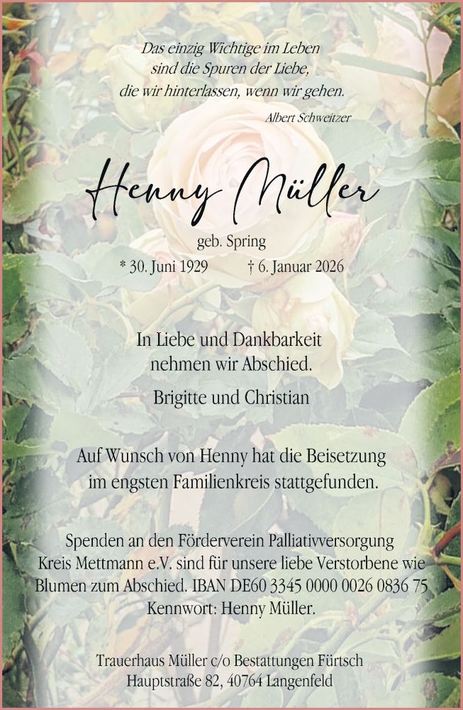  Traueranzeige für Henny Müller vom 07.02.2026 aus Rheinische Post