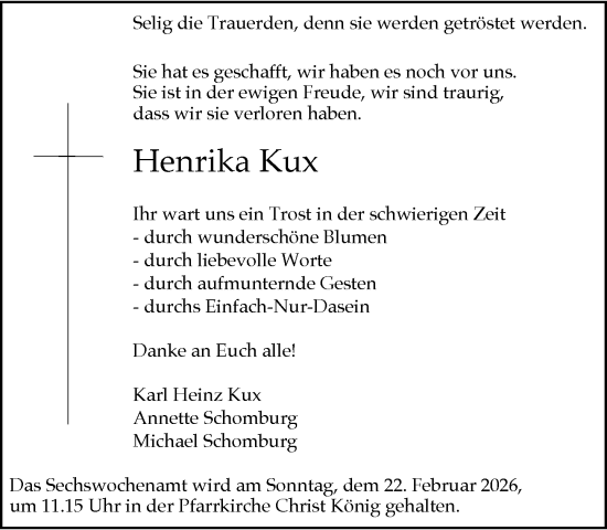 Traueranzeige von Henrika Kux von Rheinische Post