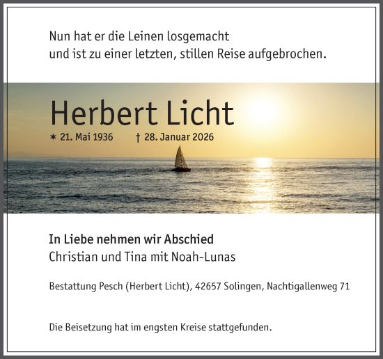 Traueranzeige von Herbert Licht von Rheinische Post
