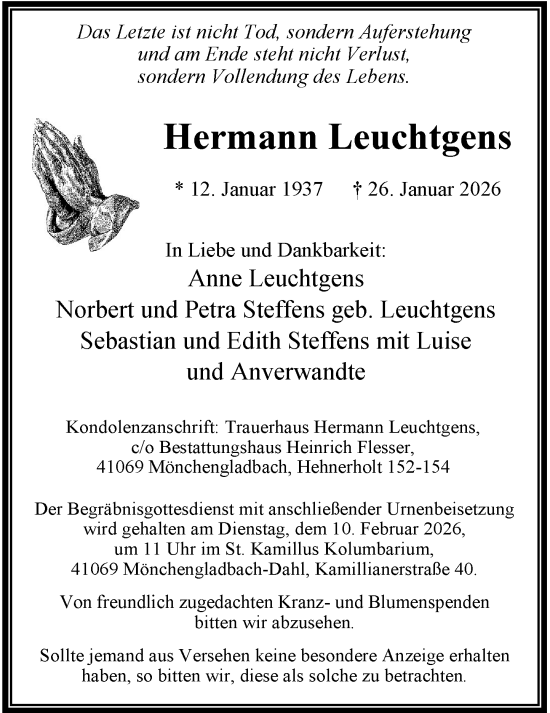 Traueranzeige von Hermann Leuchtgens von Rheinische Post