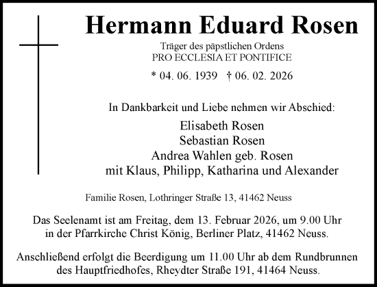 Traueranzeige von Hermann Eduard Rosen von Rheinische Post