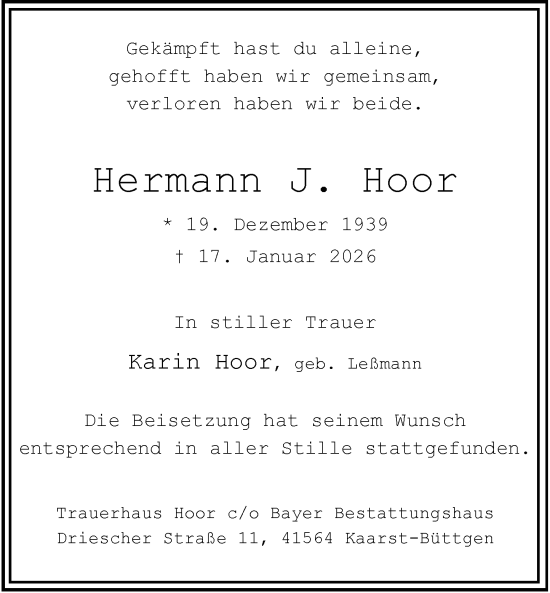 Traueranzeige von Hermann J. Hoor von Rheinische Post