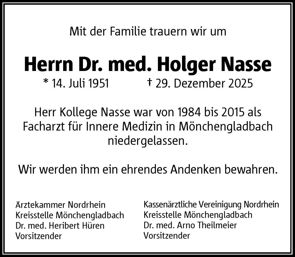  Traueranzeige für Holger Nasse vom 07.02.2026 aus Rheinische Post