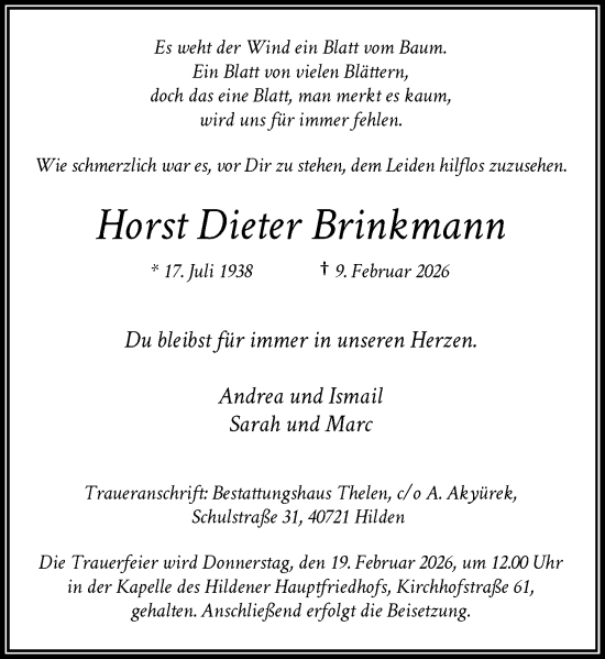 Traueranzeige von Horst Dieter Brinkmann von Rheinische Post