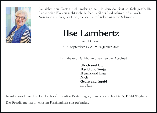 Traueranzeige von Ilse Lambertz von Rheinische Post