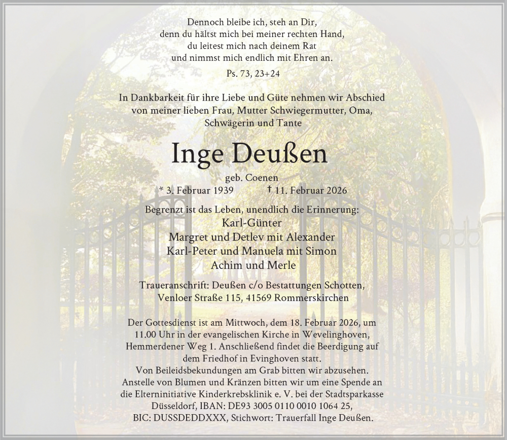  Traueranzeige für Inge Deußen vom 14.02.2026 aus Rheinische Post