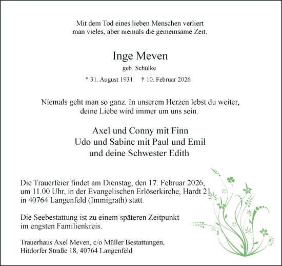 Traueranzeige von Inge Meven von Rheinische Post