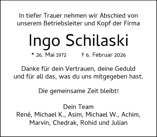 Traueranzeige von Ingo Schilaski von Rheinische Post
