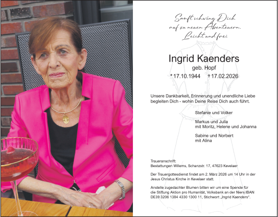 Traueranzeige von Ingrid Kaenders von Rheinische Post