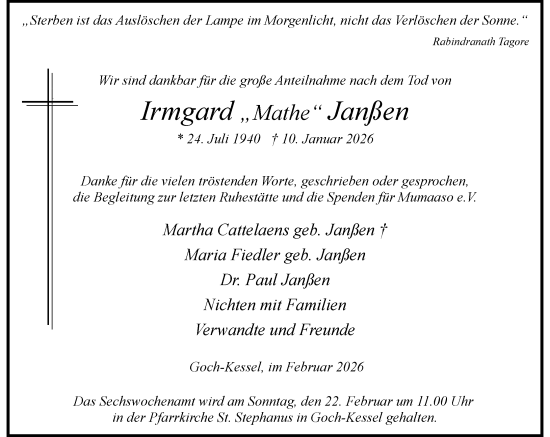 Traueranzeige von Irmgard Janßen von Rheinische Post