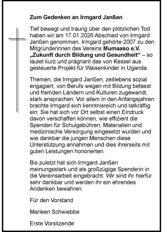 Traueranzeige von Irmgard Janßen von Rheinische Post