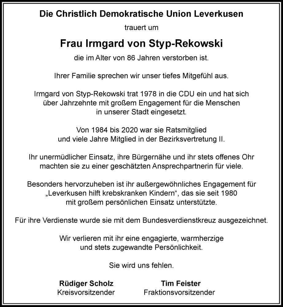  Traueranzeige für Irmgard von Styp-Rekowski vom 14.02.2026 aus Rheinische Post