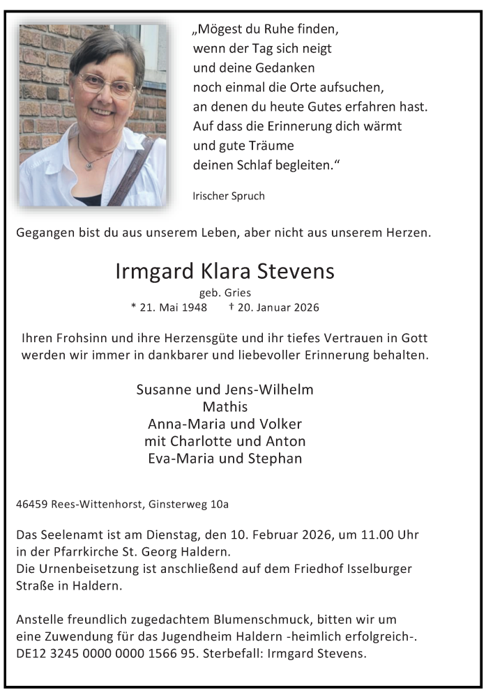  Traueranzeige für Irmgard Klara Stevens vom 04.02.2026 aus Rheinische Post