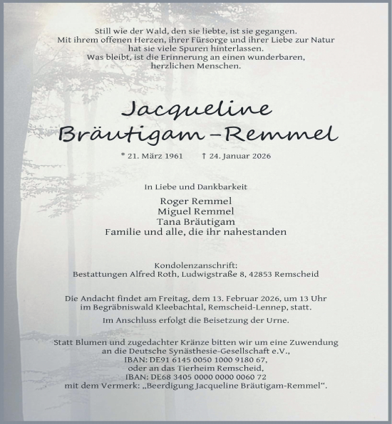 Traueranzeige von Jacqueline Bräutigam-Remmel von Rheinische Post