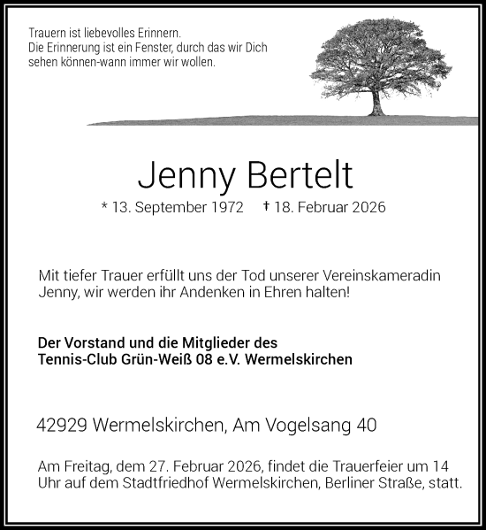 Traueranzeige von Jenny Bertelt von Rheinische Post