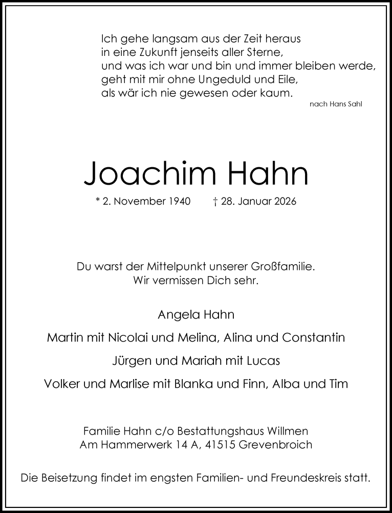  Traueranzeige für Joachim Hahn vom 07.02.2026 aus Rheinische Post