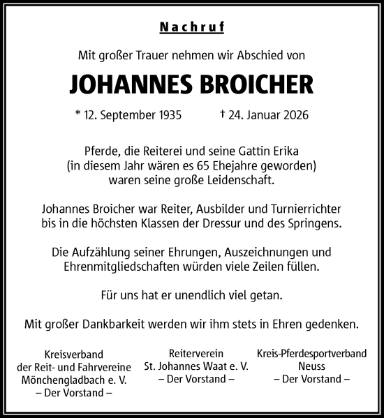 Traueranzeige von Johannes Broicher von Rheinische Post