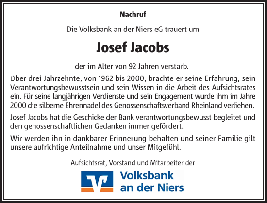 Traueranzeige von Josef Jacobs von Rheinische Post