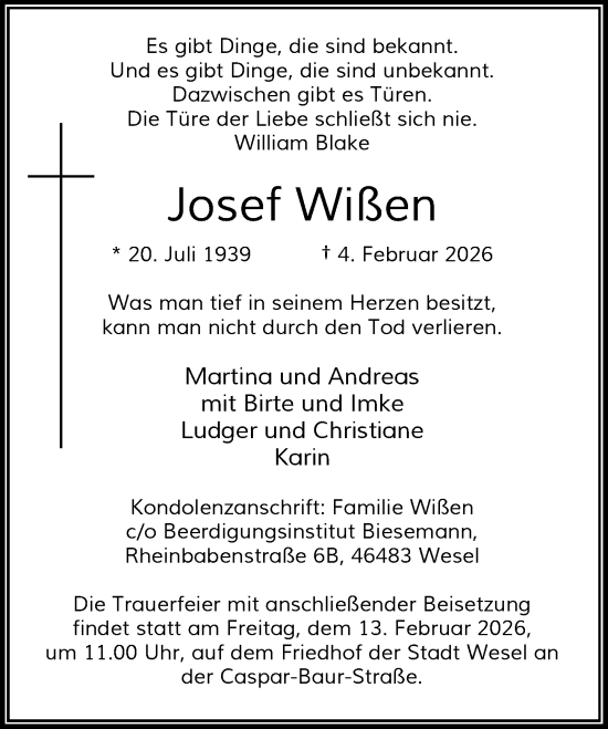 Traueranzeige von Josef Wißen von Rheinische Post