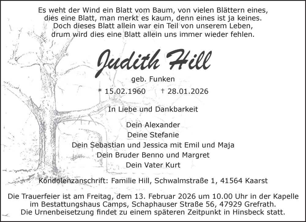  Traueranzeige für Judith Hill vom 07.02.2026 aus Rheinische Post